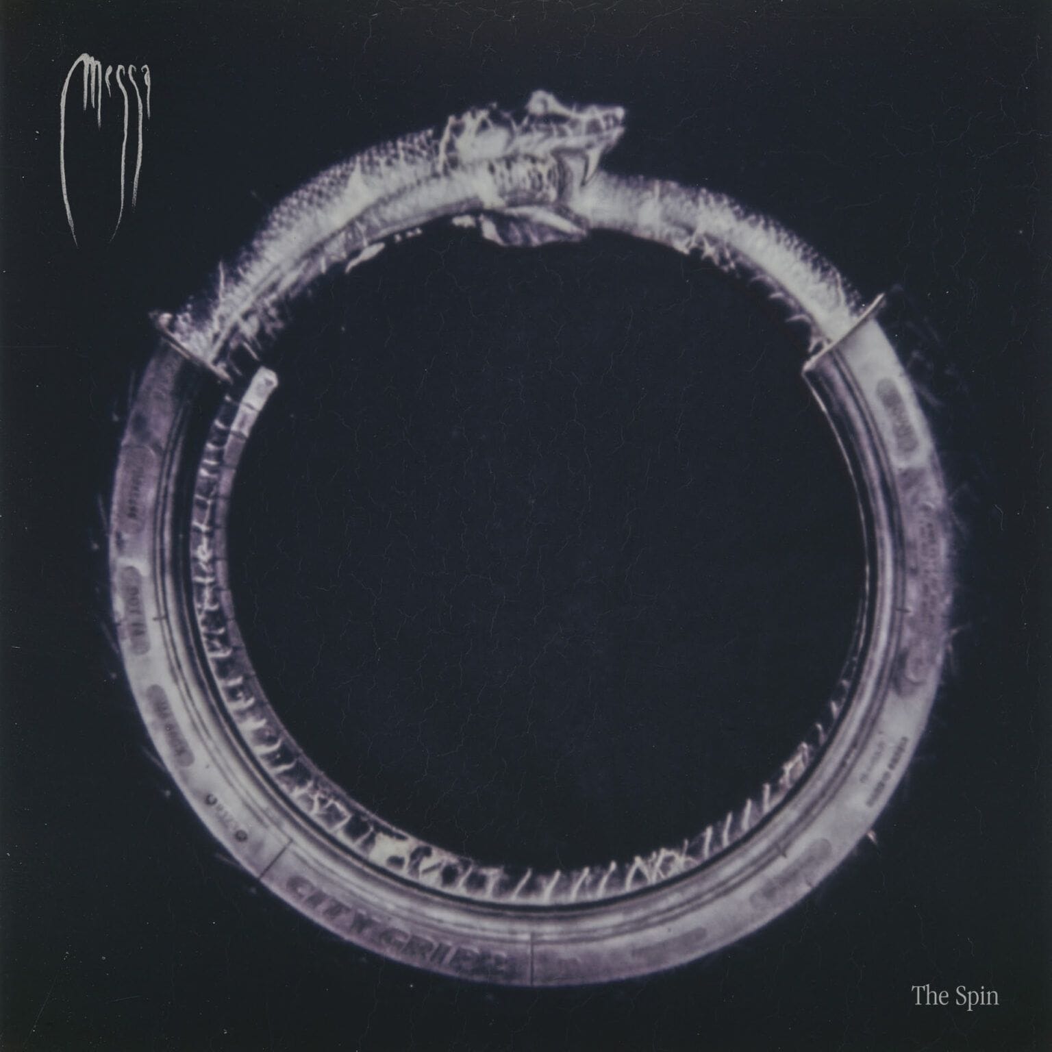 The cover art for THE SPIN by Messa. It showcases a marble sculpture of Ouroboros covered by a motorcycle tire.
